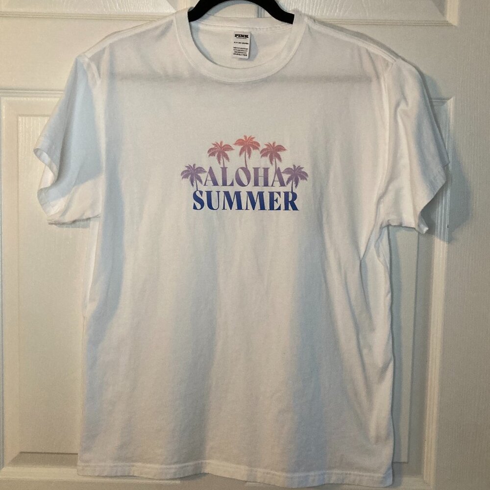 Victoria's Secret Pink Women's "Aloha Summer" T-Shirt - White Graphic T - Size S